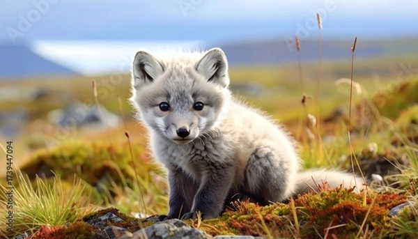 Fototapeta A Cute Fox Cub in a Natural Habitat with Focus on the Fox's Appearance