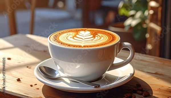 Fototapeta A Delicious Latte with Artistic Foam Design on a Wooden Table in Sunlight