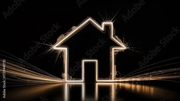 Fototapeta Illuminated house outline with dynamic light effects.