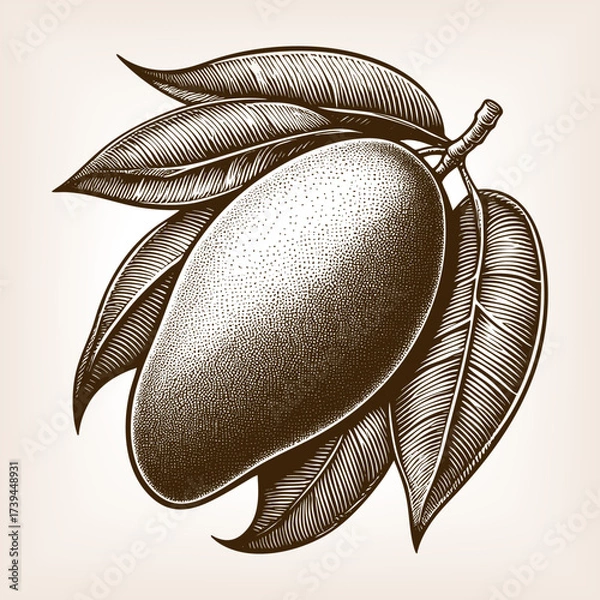 Fototapeta mango fruit with leaves, representing tropical fruit, freshness, and natural food design sketch engraving generative ai vector illustration. Scratch board imitation. Black and white image.