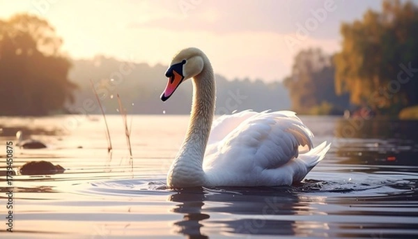 Obraz A graceful white swan gliding on a calm lake at sunset or sunrise