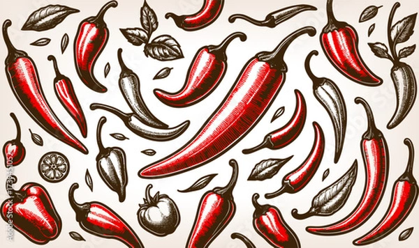 Fototapeta red chili peppers with leaves, seeds, and spices, drawn in a classic engraving technique sketch engraving generative ai vector illustration. Scratch board imitation. Black and white image.