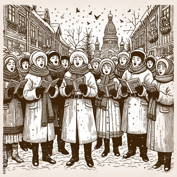 Fototapeta group of bundled-up carolers singing together on snowy streets with a church in the background sketch engraving generative ai fictional character vector illustration. Scratch board. Black and white.
