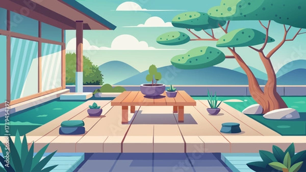 Fototapeta A drawing of a house with a patio and a tree. The patio has a table and a potted plant. Scene is peaceful and relaxing