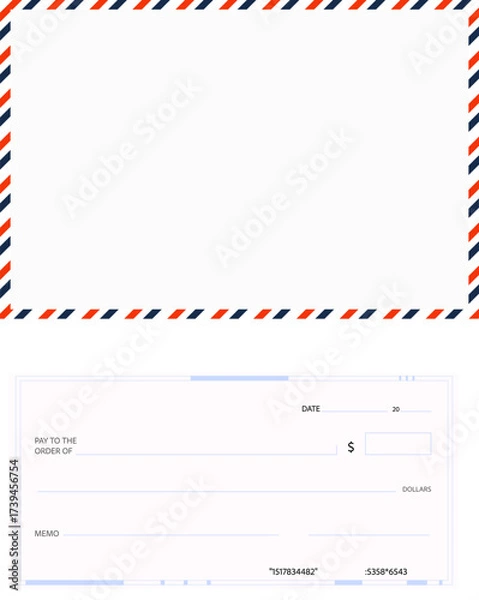 Fototapeta Bank check, checkbook blank cheque template, empty fields, grids to fill, mockup paper, payment. 