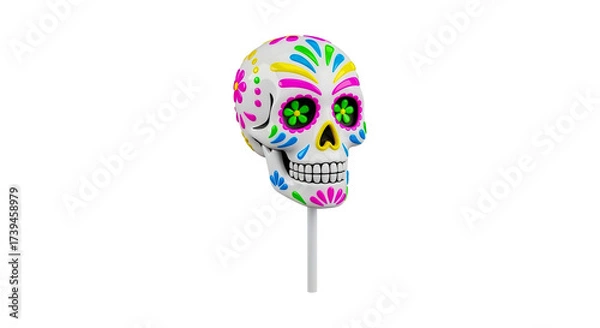 Fototapeta 3D icon of a colorful sugar skull lollipop, glossy hard candy texture, simple patterns Isolated On Transparent Background