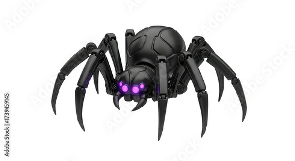 Fototapeta 3D model of a single robotic spider, matte black solid body, glowing purple LED eyes, well-defined shape Isolated On Transparent Background