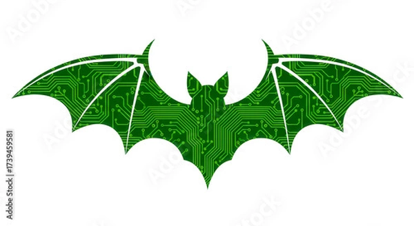 Fototapeta Graphic illustration of a single bat, its wings are made of solid, opaque green circuit board patterns, clean sharp edges Isolated On Transparent Background	