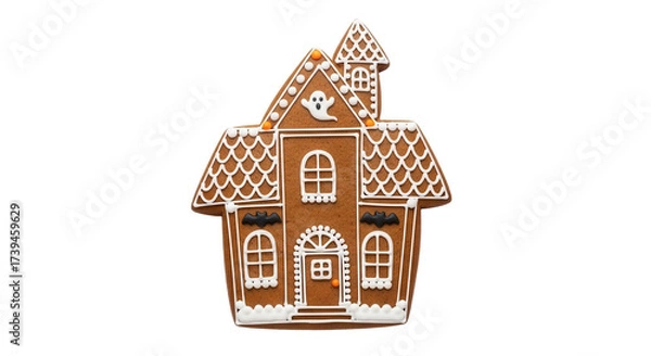 Fototapeta Product photography of a single gingerbread cookie shaped like a haunted house Isolated On Transparent Background