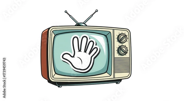 Fototapeta Vector illustration of a vintage TV set, with a solid white cartoon hand printed on the screen Isolated On Transparent Background	