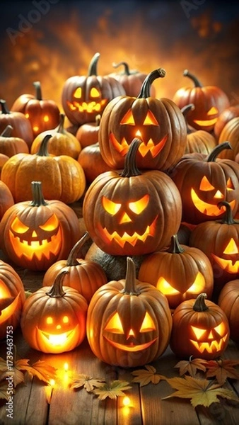 Fototapeta 9:16 Halloween pumpkins glowing jack o lantern faces vertical spooky background perfect for advertising banners social media posts posters with empty space for logo or holiday message