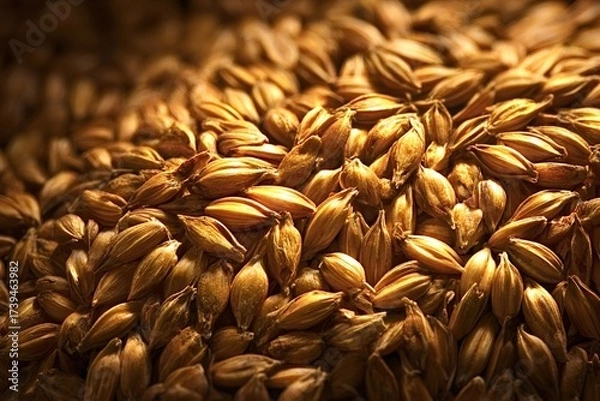 Fototapeta Barley malt grains filling the frame, creating a textured background and highlighting essential ingredients for beer brewing, food production, and agriculture