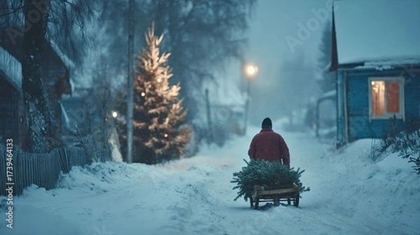 Fototapeta Man finding his way home through the falling snow on a cold winter evening, pulling a fresh christmas tree on a small cart, symbolizing holiday preparations and rustic traditions