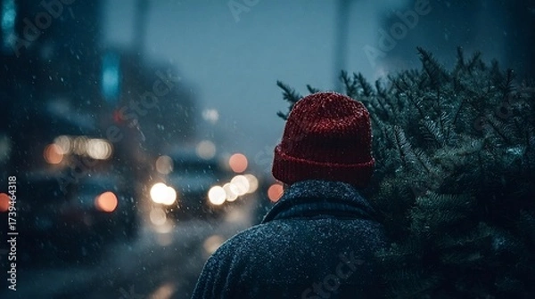 Fototapeta Person wearing a red knit hat carrying a fresh cut christmas tree on their shoulder through a snowy, urban setting at night, with blurred city lights creating a festive bokeh background