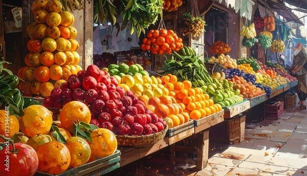 Fototapeta A vibrant and colorful illustration of a fruit market with fresh produce