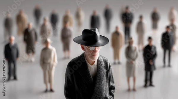 Fototapeta Elderly man in black hat and coat stands out among blurred crowd in neutral tones, evoking solitude and distinction