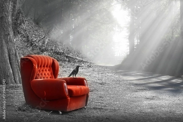 Fototapeta A red armchair with a black crow perched on it and a beam of rays passing through the branches of the trees.