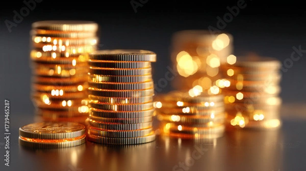 Fototapeta Golden coin stack with glowing light reflections, symbolizing wealth and financial growth in dark background