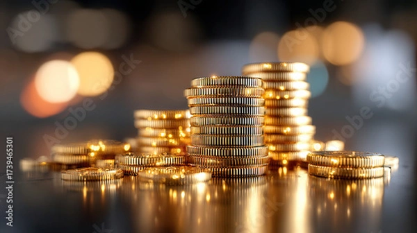 Fototapeta Golden coin stack with glowing bokeh light background, symbolizing wealth and financial growth in warm atmosphere