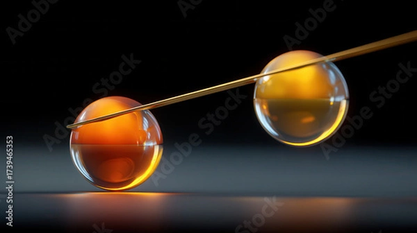 Fototapeta Ultra realistic golden balance scale with glowing spheres on dark background showing equilibrium and contrast