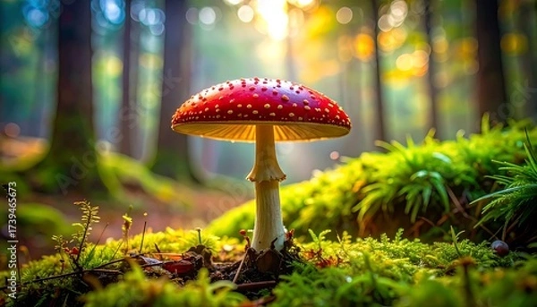 Fototapeta A Vibrant Red Mushroom in a Lush Forest Environment with Sunlit Background