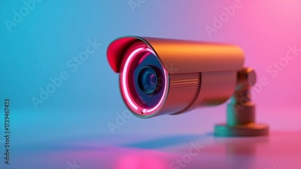 Fototapeta Security Camera With Neon Glowing Lights
