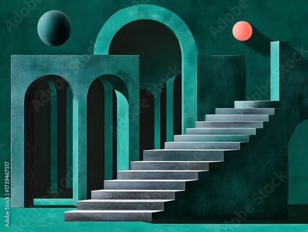 Obraz Abstract Teal Architecture with Staircase and Arches