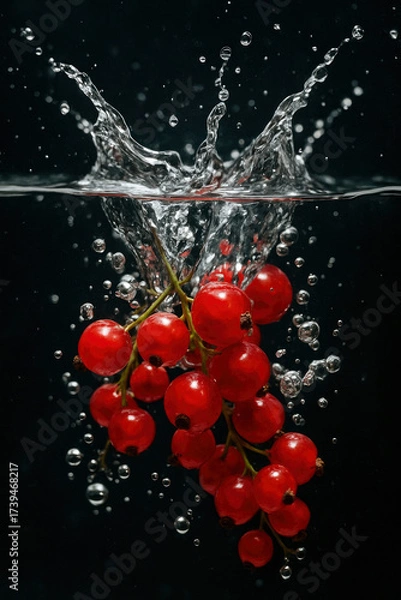 Fototapeta Redcurrant fruit immersing in water, creating a splash and bubbles on a dark background