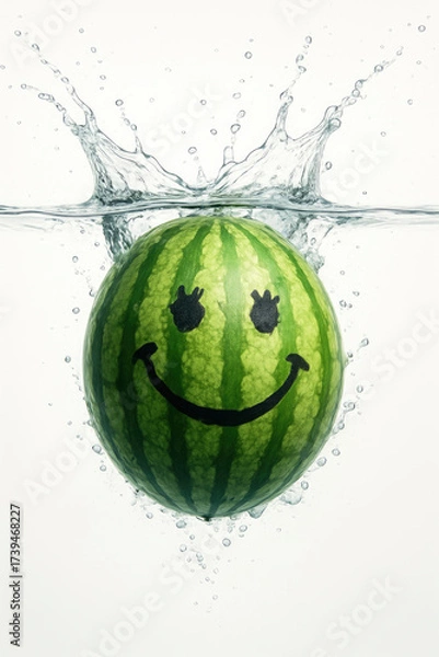 Fototapeta Watermelon with a happy face splashing into clear water, creating splashes and bubbles