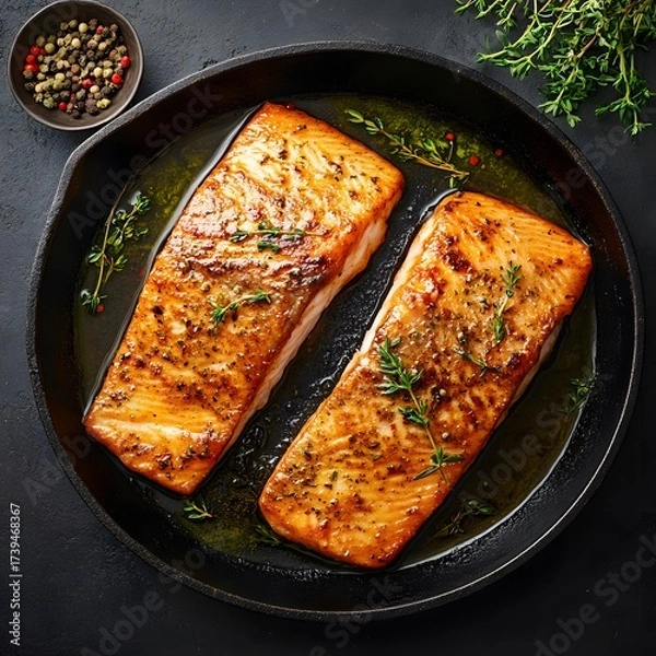 Obraz Pan-Seared Salmon Fillets with Thyme and Pepper