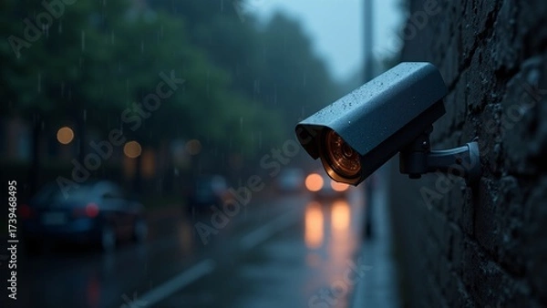 Obraz Surveillance Camera On Wall During Rainfall