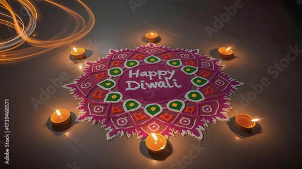 Fototapeta A colorful Diwali rangoli design with Happy Diwali text, surrounded by glowing earthen lamps (diyas) on a dark floor, capturing the festival of lights.