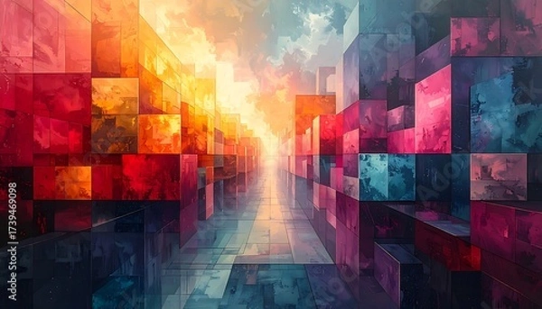 Fototapeta Abstract art of a colorful corridor with geometric shapes and sunlight