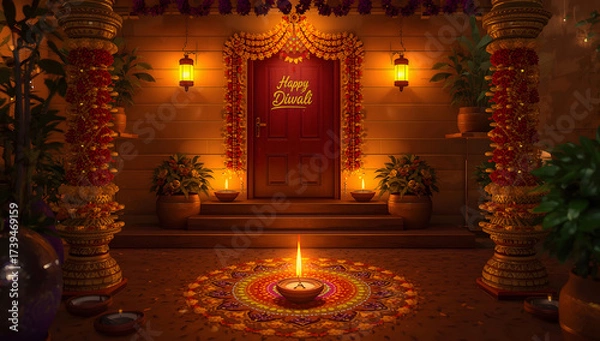 Fototapeta Elegant Diwali entrance decorated with intricate rangoli, glowing diyas, marigold garlands, traditional columns, hanging lanterns, and potted plants, creating a warm and festive celebration ambiance.