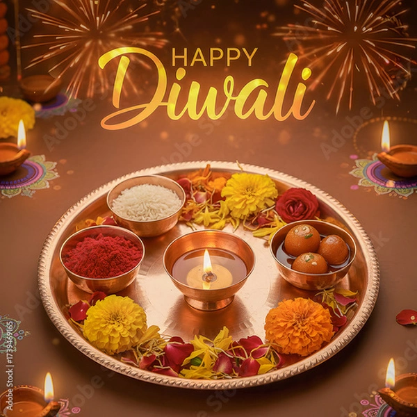 Fototapeta A vibrant Diwali puja thali with a lit diya, Gulab Jamun sweets, rice, and kumkum, set against a backdrop of golden fireworks and a "Happy Diwali" greeting.