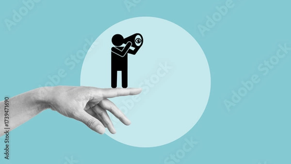 Fototapeta Foresight concept is shown by man looking forward with magnifying telescope tube. Business analytics and strategic. Vision of new perspectives as metaphor of knowledge and awareness