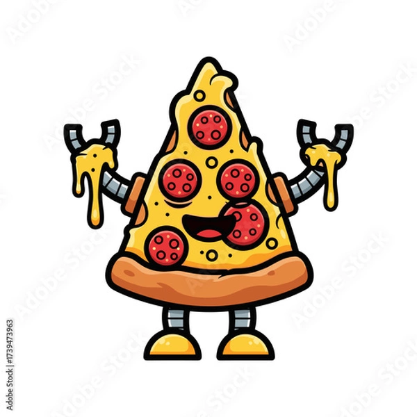Obraz Cute Robot Pizza Character with Pepperoni and Cheese Arms.