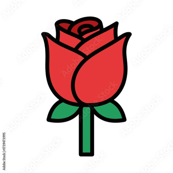 Obraz Stylized Red Rose Icon with Green Leaves and Stem.