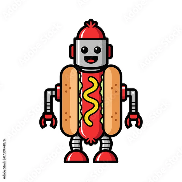 Obraz Cute Hot Dog Robot Character with Mustard and Ketchup.