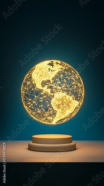 Fototapeta Disruption digital strategy concept, Glowing Globe This captivating glowing globe features a network of lights, highlighting the connections of our world. Ideal for themes