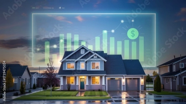 Fototapeta A house with financial growth charts overlaying the image.