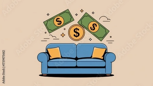 Fototapeta Couch with money symbols representing wealth and comfort.