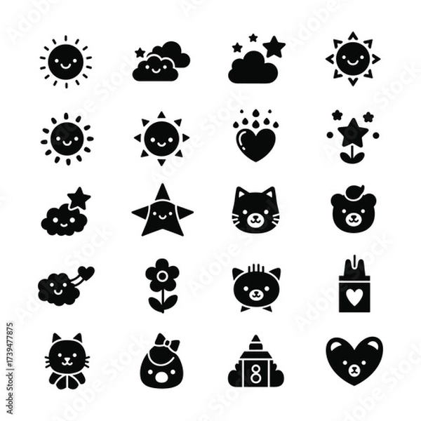 Fototapeta Set of cute black icons with smiling suns clouds stars hearts cats and bears icon set black and white