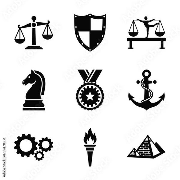 Fototapeta Collection of black silhouette icons including scales of justice knight medal anchor gears torch and pyramids