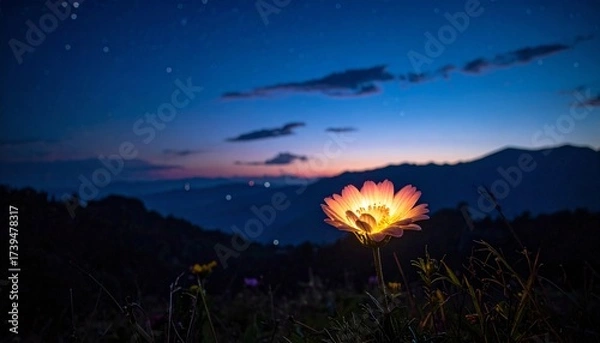 Fototapeta A flower glowing in the sky, illuminating the dark night with its gentle, magical light and creating a dreamy, enchanting atmosphere