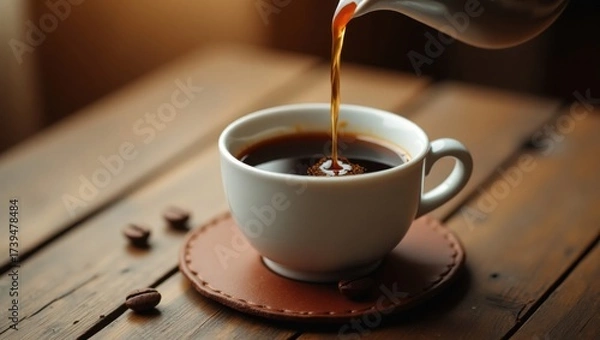 Fototapeta Café expreso caliente goteando lentamente en una pequeña taza de cerámica blanca colocada sobre una mesa de madera rústica