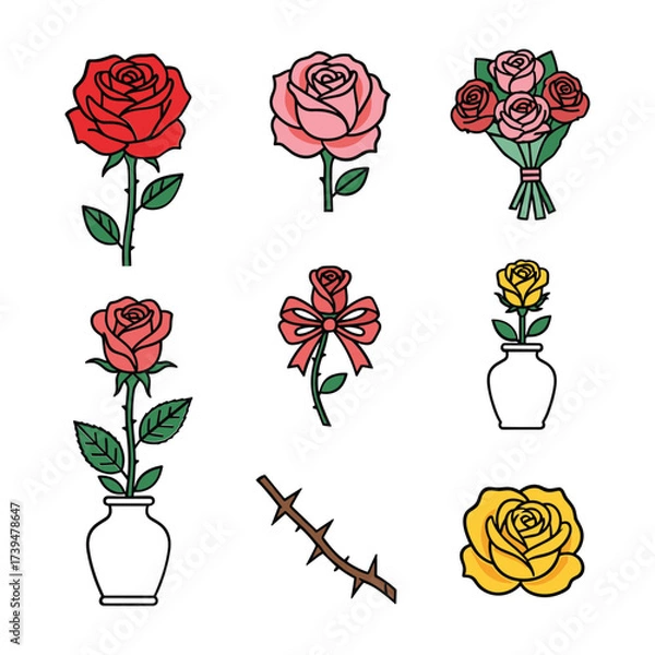 Fototapeta Collection of red pink and yellow roses with thorns and vases flower red rose