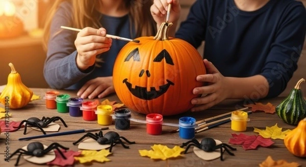 Obraz Happy family getting ready to celebrate Halloween. 
Close-up of hands using brushes and paints to paint a pumpkin in Halloween style.