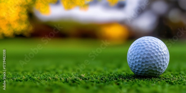 Fototapeta A banner with a golf ball on a green course, copy space to promote a favorite game or championship.