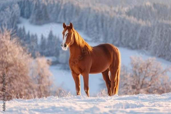 Fototapeta Majestic horse standing in a snowy landscape at sunset Generative AI